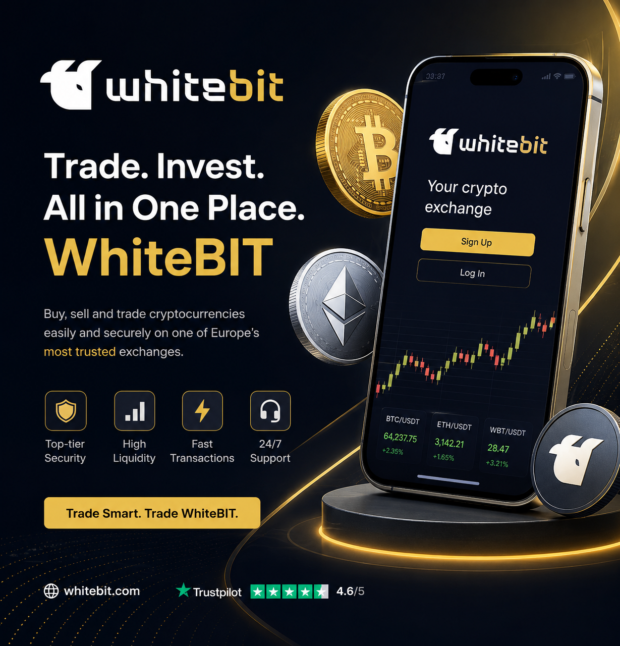 WhiteBIT exchange access panel showing login fields and account entry options